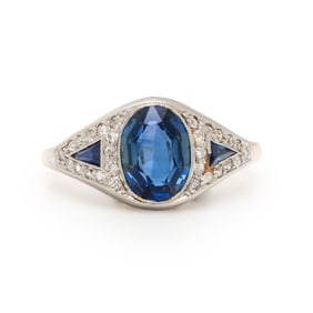 SYNTHETIC SAPPHIRE, DIAMOND, AND BICOLOR GOLD RING