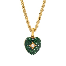 YELLOW GOLD, ENAMEL, AND SEED PEARL LOCKET AND CHAIN
