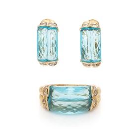 BLUE GLASS, DIAMOND, AND YELLOW GOLD RING AND EARRINGS