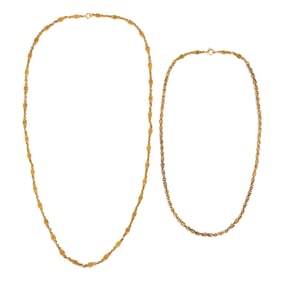TWO YELLOW GOLD FANCY LINK LONG CHAINS