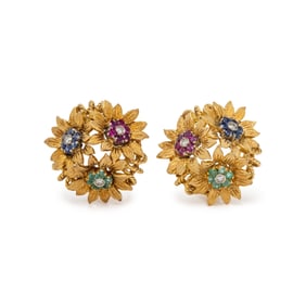 YELLOW GOLD, DIAMOND, AND MULTIGEM FLOWER EARRINGS