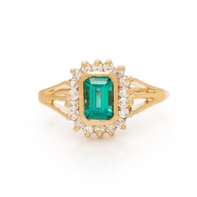 SYNTHETIC EMERALD AND DIAMOND RING