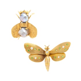 TWO YELLOW GOLD AND MULTIGEM INSECT JEWELS
