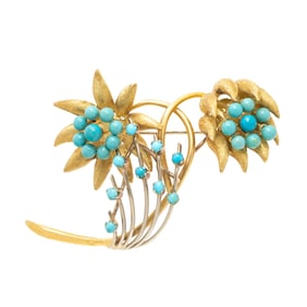YELLOW GOLD AND TURQUOISE FLOWER BROOCH