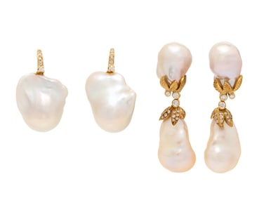 TWO PAIRS OF BAROQUE CULTURED PEARL, DIAMOND, AND YELLOW GOLD EARRINGS