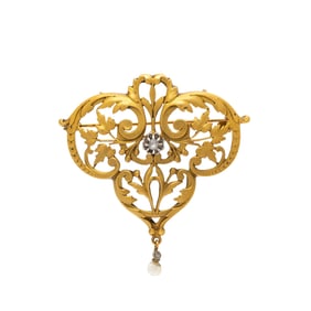 ANTIQUE, FRENCH, YELLOW GOLD, DIAMOND, AND SEED PEARL BROOCH