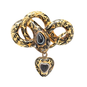 VICTORIAN, ENAMEL AND BANDED AGATE SNAKE MOURNING BROOCH