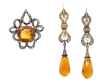 ANTIQUE, CITRINE AND DIAMOND BROOCH AND EARRINGS