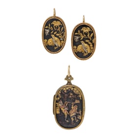 ANTIQUE, GOLD AND SHAKUDO EARRINGS AND LOCKET PENDANT