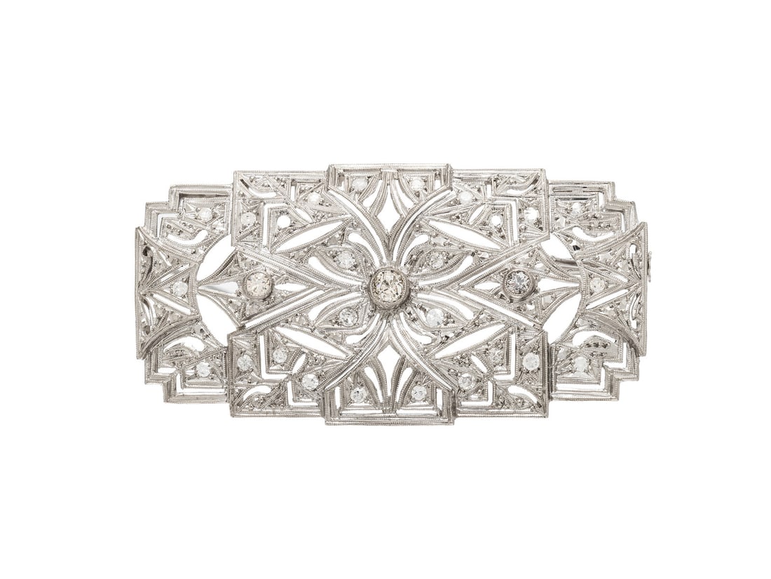 ART DECO, DIAMOND AND PLATINUM BROOCH: ART DECO, DIAMOND AND PLATINUM BROOCH Old European, transitional, and single cut diamonds. Platinum. 2 1/8 x 1 1/8 inches. Gross weight: 8.40 dwt.