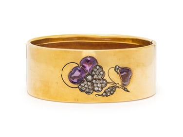 VICTORIAN, AMETHYST, DIAMOND, AND YELLOW GOLD VIOLET BANGLE BRACELET