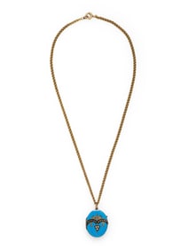 ANTIQUE, ENAMEL AND SEED PEARL LOCKET WITH YELLOW GOLD CHAIN