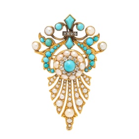 VICTORIAN, TURQUOISE, SEED PEARL, AND DIAMOND BROOCH