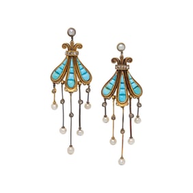 VICTORIAN, TURQUOISE, SEED PEARL, AND DIAMOND EARRINGS