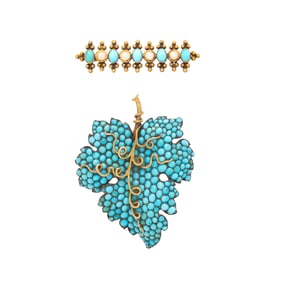 VICTORIAN, TWO TURQUOISE AND YELLOW GOLD BROOCHES