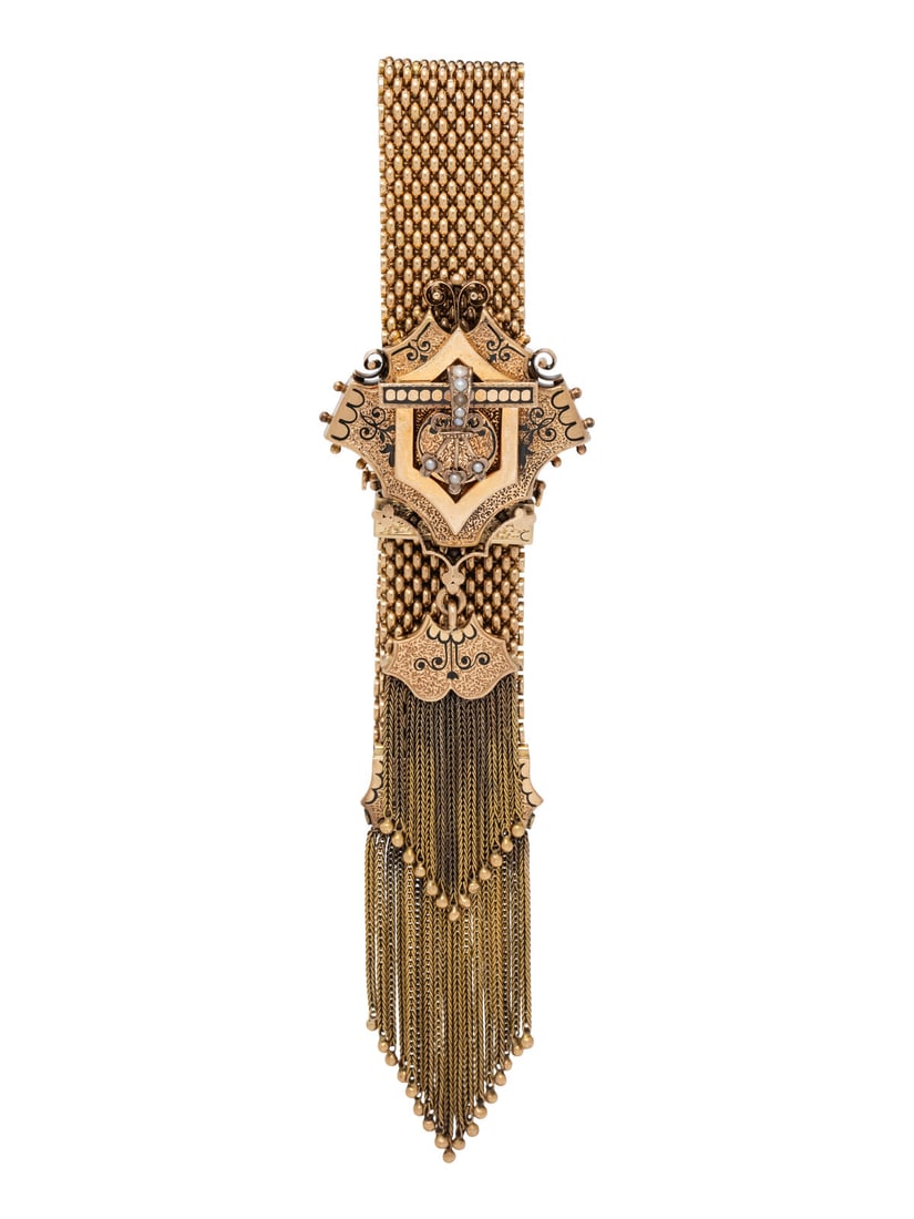 VICTORIAN, YELLOW GOLD SLIDE BUCKLE BRACELET WITH FRINGE (1 of 3)