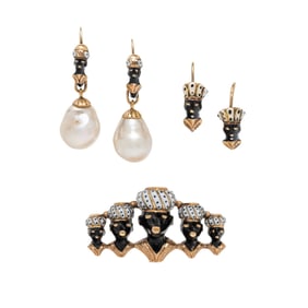 LATE VICTORIAN, AUSTRIAN, COLLECTION OF YELLOW GOLD, ENAMEL, AND BAROQUE PEARL JEWELRY