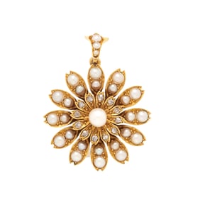 VICTORIAN, SEED PEARL, DIAMOND, AND YELLOW GOLD FLOWER BROOCH