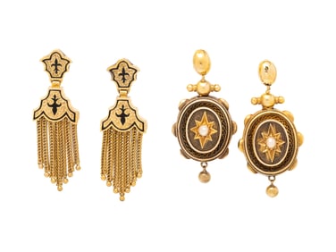 VICTORIAN, TWO PAIRS OF YELLOW GOLD EARRINGS