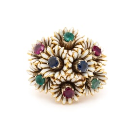 ENAMEL, RUBY, EMERALD, AND SAPPHIRE FLOWER RING