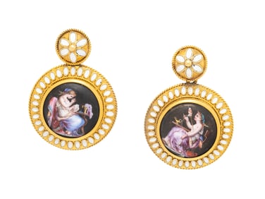 ANTIQUE, YELLOW GOLD, PAINTED PORCELAIN, AND ENAMEL EARRINGS