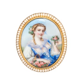 VICTORIAN, PAINTED PORCELAIN, SEED PEARL, AND YELLOW GOLD BROOCH