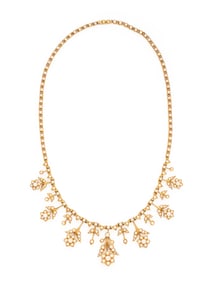 ANTIQUE, YELLOW GOLD AND SEED PEARL FLOWER NECKLACE