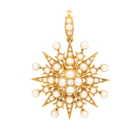 ANTIQUE, CULTURED PEARL, DIAMOND, AND YELLOW GOLD PENDANT