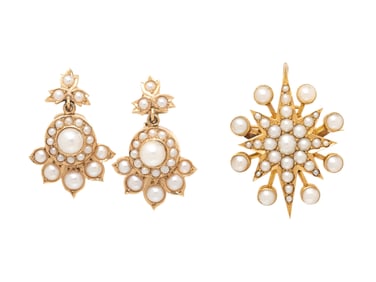 ANTIQUE, COLLECTION OF YELLOW GOLD AND SEED PEARL JEWELRY