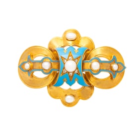 VICTORIAN, MABÉ PEARL, ENAMEL, DIAMOND, AND YELLOW GOLD BROOCH