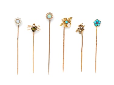 COLLECTION OF YELLOW GOLD AND MULTIGEM FLOWER AND INSECT MOTIF STICK PINS