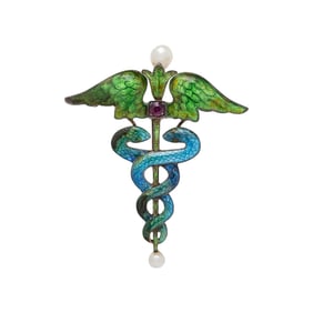 ART NOUVEAU, ENAMEL AND SEED PEARL CADUCEUS BROOCH