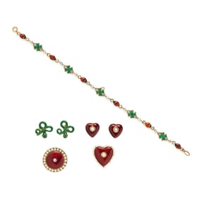 ANTIQUE, COLLECTION OF ENAMEL, SEED PEARL, DIAMOND, AND YELLOW GOLD JEWELRY