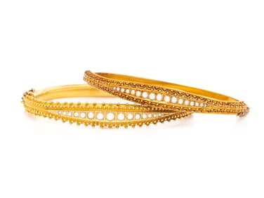 ANTIQUE, TWO YELLOW GOLD AND SEED PEARL BANGLE BRACELETS