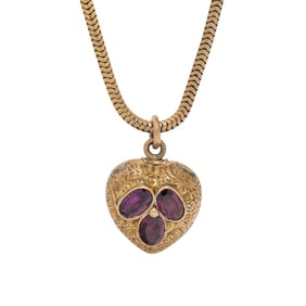 ANTIQUE, YELLOW GOLD AND GARNET PENDANT ON CHAIN