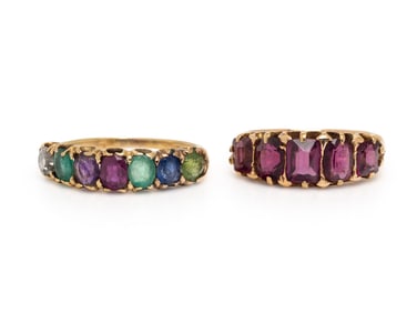 ANTIQUE, TWO YELLOW GOLD AND MULTIGEM RINGS