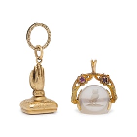ANTIQUE, TWO YELLOW GOLD AND GEMSTONE FOBS