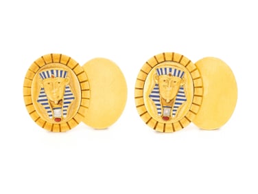 EGYPTIAN REVIVAL, YELLOW GOLD AND ENAMEL CUFFLINKS