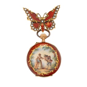A. FRANKFIELD & CO., YELLOW GOLD AND ENAMEL POCKETWATCH AND LAPEL PIN