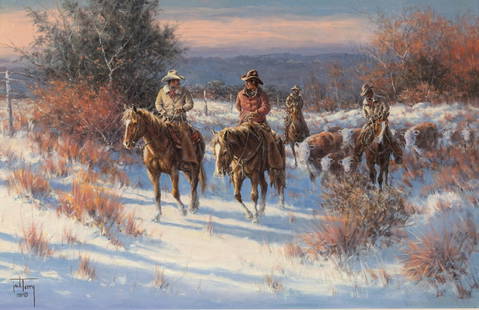 Jack Terry (American, b. 1952) Cattlemen, 1987: Jack Terry (American, b. 1952) Cattlemen, 1987 oil on canvas signed Jack Terry and dated (lower left) 18 x 28 inches. This lot is located in Denver. Provenance: Private Collection, California.