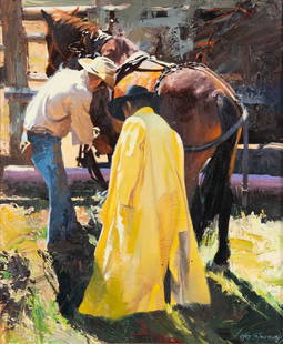 Oleg Stavrowsky (American, 1927-2020) Here's How: Oleg Stavrowsky (American, 1927-2020) Here's How oil on Masonite signed Oleg Stavrowsky (lower right); signed and titled (on the reverse) 24 x 20 inches. This lot is located in Denver. Provenance: