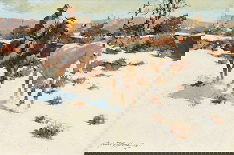 James Reynolds (American, 1926-2010) White Horse, Winter Sun: James Reynolds (American, 1926-2010) White Horse, Winter Sun oil on Masonite signed James Reynolds CA (lower left) 20 x 30 inches. Property from the Eiteljorg Family Collection, Englewood, Colorado