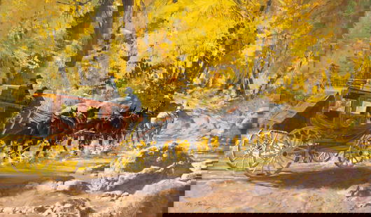 Oleg Stavrowsky (American, 1927-2020) Easy Crossing: Oleg Stavrowsky (American, 1927-2020) Easy Crossing oil on canvas signed Oleg Stavrowsky (lower left); signed and titled (on the reverse) 30 x 50 inches. Provenance: Private Collection, Washington.