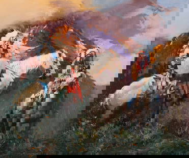 Oleg Stavrowsky (American, 1927-2020) Mountain Eyes: Oleg Stavrowsky (American, 1927-2020) Mountain Eyes oil on canvas signed Oleg Stavrowsky (lower right); signed and titled (on the reverse) 30 x 36 inches. This lot is located in Denver. Provenance: