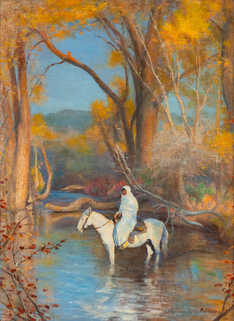 Bert Geer Phillips (American, 1868-1956) Evening Light on the Pueblo: Bert Geer Phillips (American, 1868-1956) Evening Light on the Pueblo oil on canvasboard signed Phillips (lower right); titled (on the reverse) 15 3/4 x 12 inches. Property from the Eiteljorg Family Co