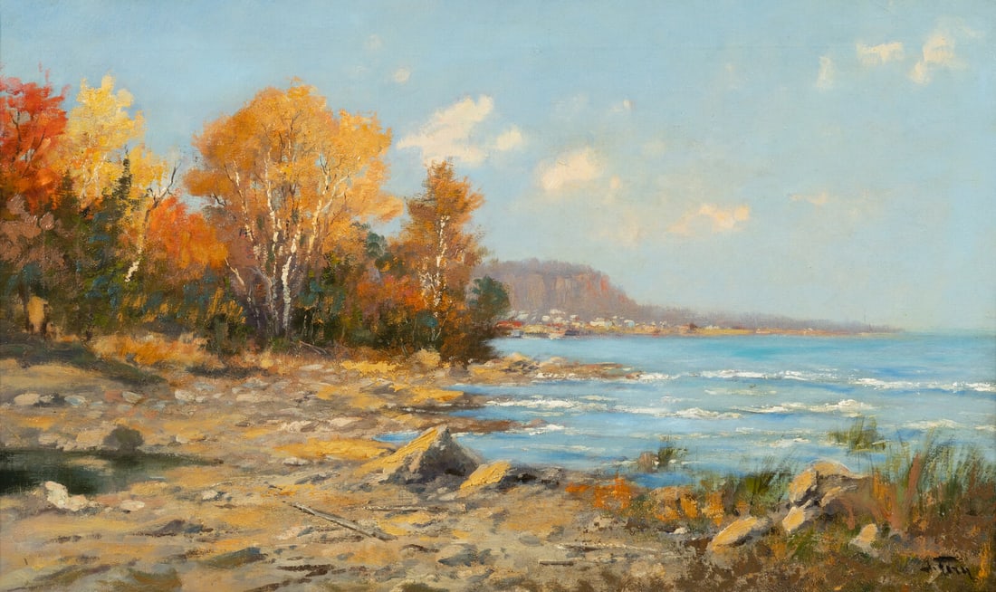 John Fery (American, 1859-1934) Lake's Edge, Autumn: John Fery (American, 1859-1934) Lake's Edge, Autumn oil on canvas signed J. Fery (lower right) 18 x 30 inches. This lot is located in Denver. Provenance: Private Collection, Wisconsin. By descent to t