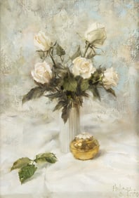 Clark Hulings (American, 1922-2011) White Roses with Brass and Ivory Pillbox, 1988
