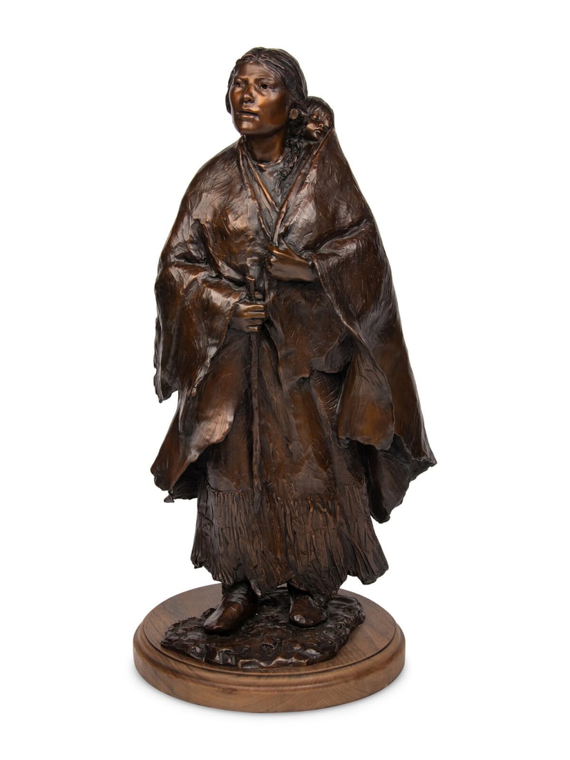 Glenna Goodacre (American, 1939-2020) Shoshone Mother and Child, 1999: Glenna Goodacre (American, 1939-2020) Shoshone Mother and Child, 1999 bronze with dark brown patina on a wooden base inscribed G. Goodacre / © 1999 and numbered 38/40 (near bottom of robe) height
