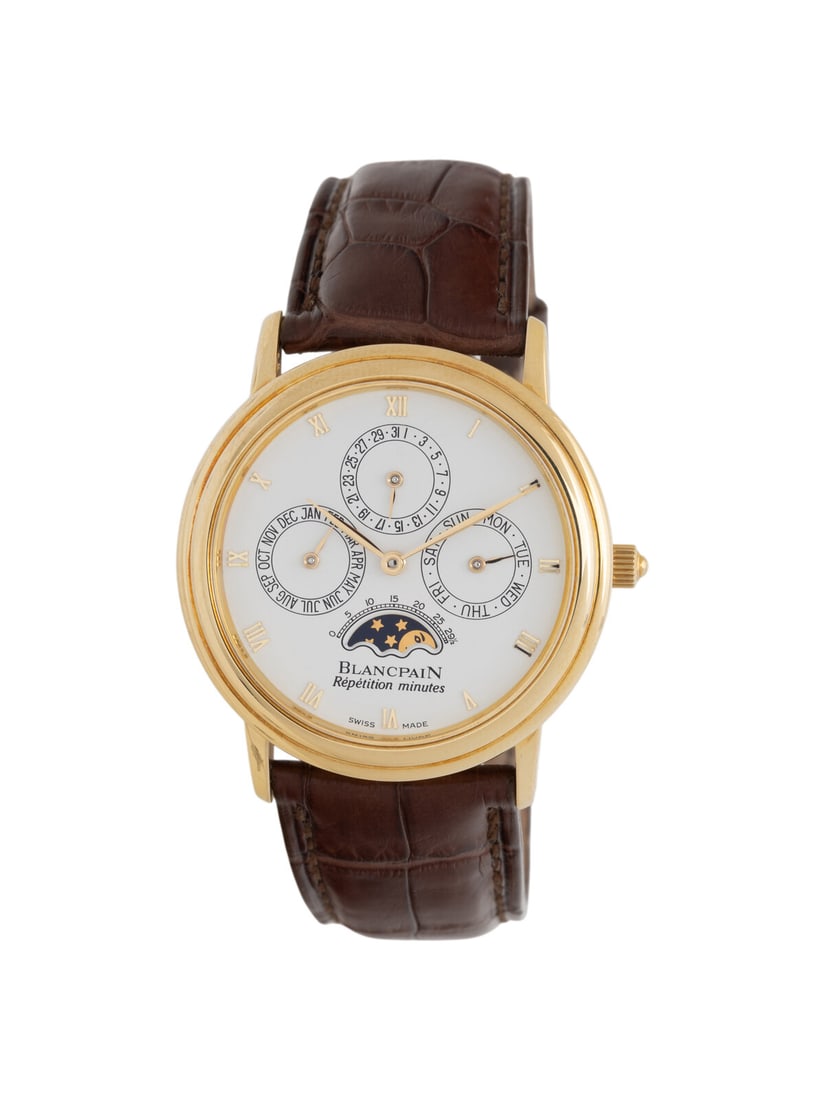 BLANCPAIN, REF. 5335, 18K YELLOW GOLD 'VILLERET' MINUTE REPEATING PERPETUAL CALENDAR WATCH WITH: BLANCPAIN, REF. 5335, 18K YELLOW GOLD 'VILLERET' MINUTE REPEATING PERPETUAL CALENDAR WATCH WITH MOONPHASE, BOX & PAPERS Circa 1995 Maker: Blancpain Model: Villeret Reference number: 5335 Serial nu