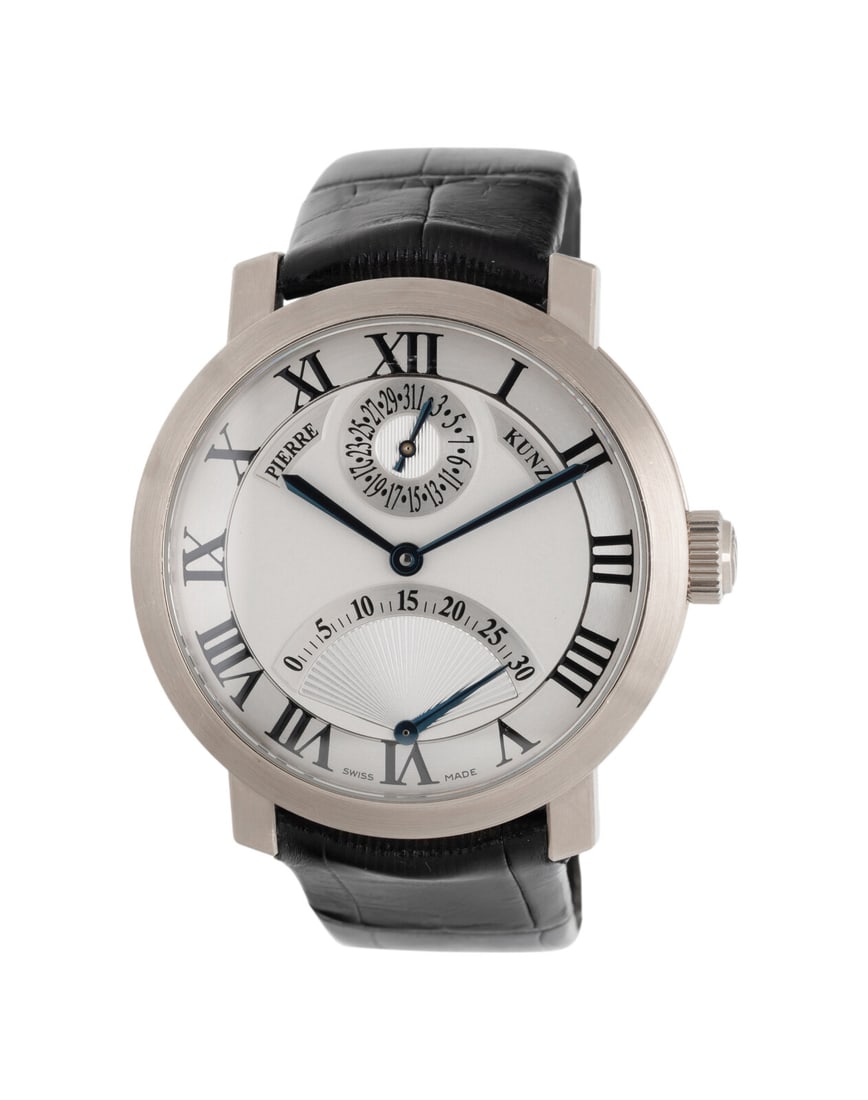 PIERRE KUNZ, REF. PKA 006 18K WHITE GOLD 'SPIRIT OF CHALLENGE' RETROGRADE SECONDS DATE WATCH: PIERRE KUNZ, REF. PKA 006 18K WHITE GOLD 'SPIRIT OF CHALLENGE' RETROGRADE SECONDS DATE WATCH Maker: Pierre Kunz Model: Spirit of Challenge Reference number: PKA 006 Case number: 52 Year: Circa 2010s C